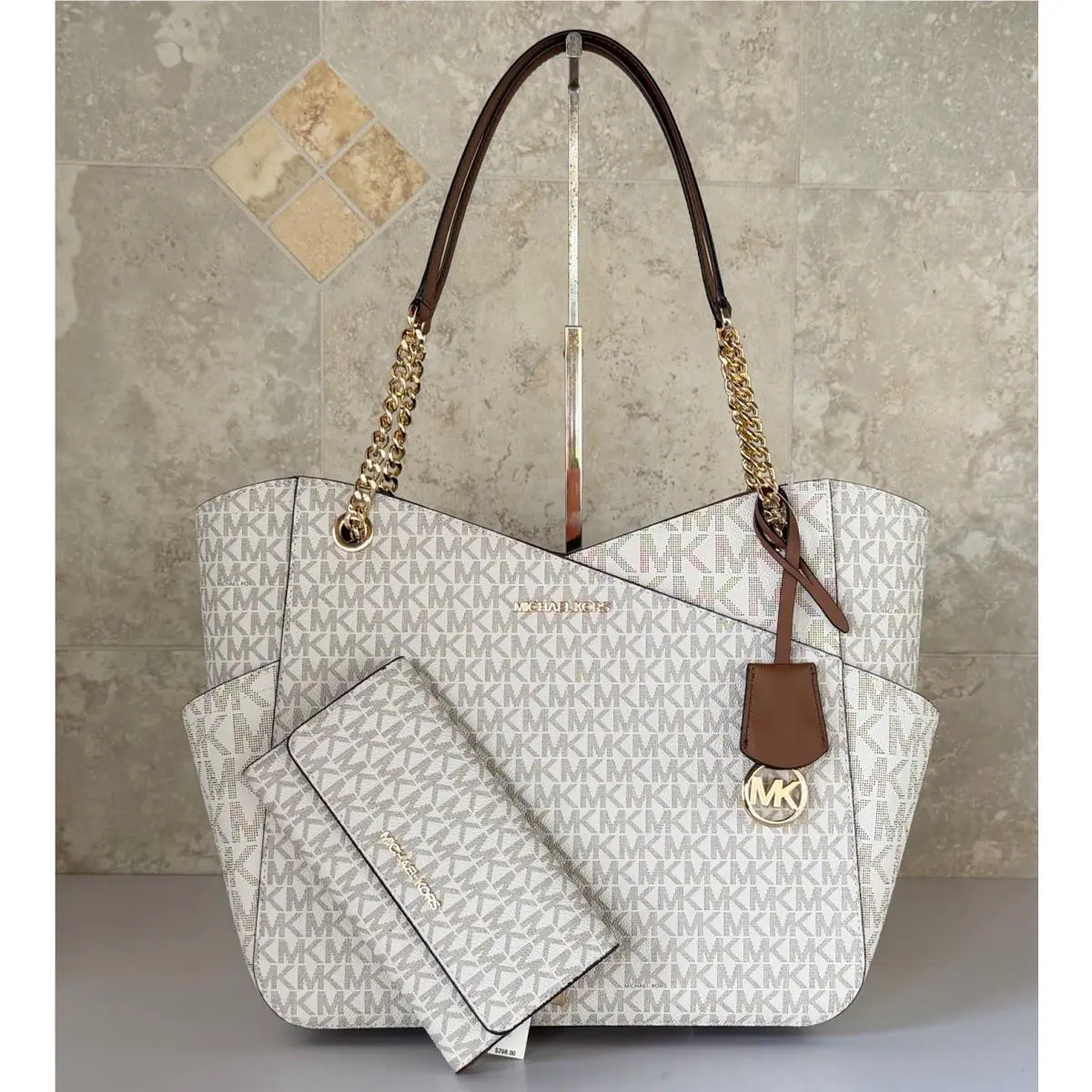 Jet Set Travel LG Chain Shoulder Tote Bag + Wallet MK Vanilla by Michael Kors