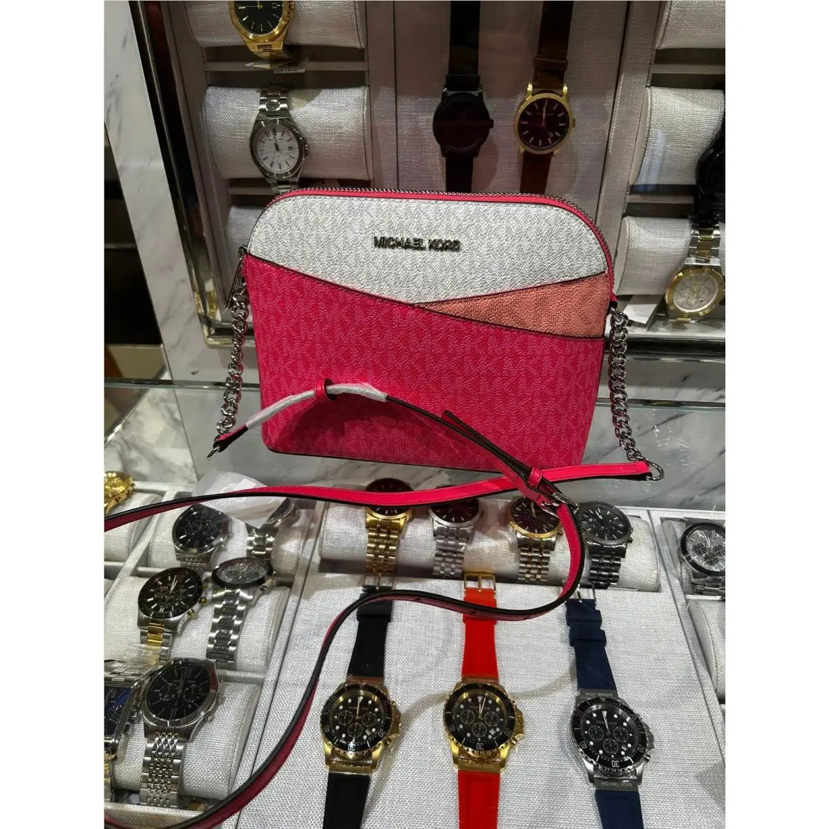 Michael Kors Jet Set Women Color-block Logo Dome Crossbody Bag Handbag Hibiscus