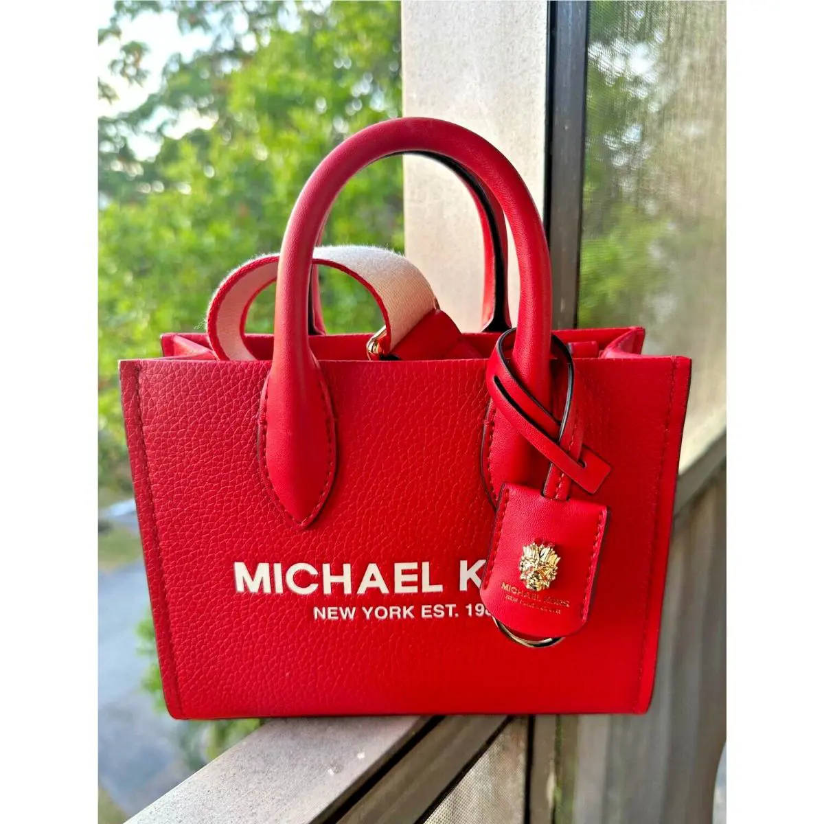 Michael Kors Mirella XS Logo Shopper Crossbody Handbag Leather in Bright Red