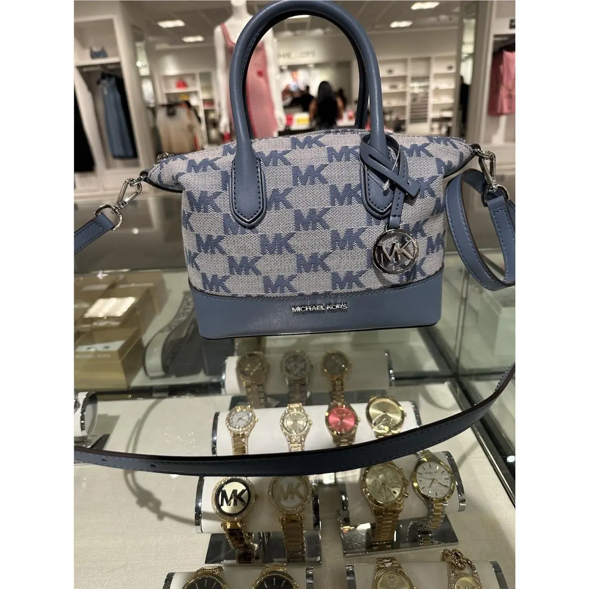 Michael Kors Hyde SM Satchel Crossbody Bag Jacquard MK Denim