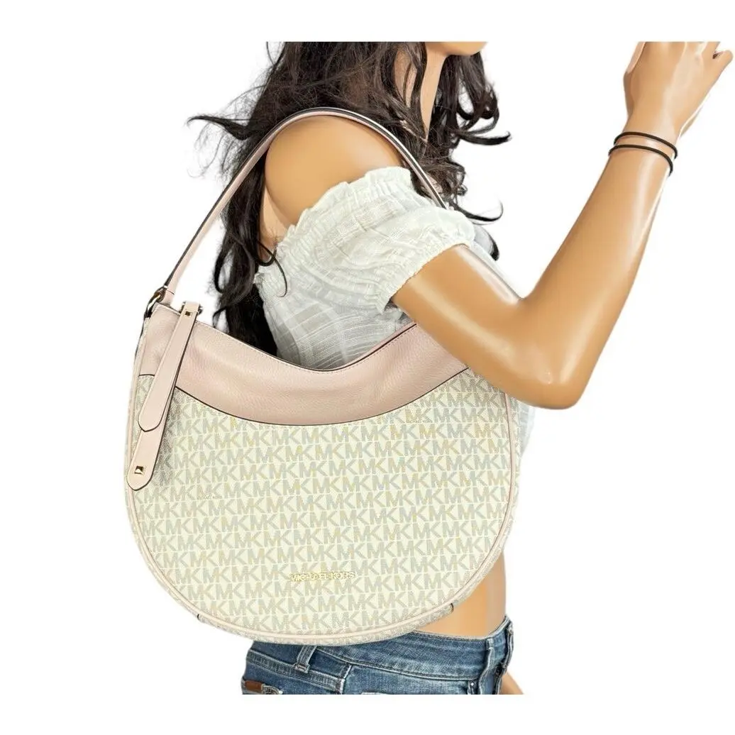 Michael Kors Dover LG Half-moon Hobo Pvc Leather Shoulder Bag MK Vanilla Pink