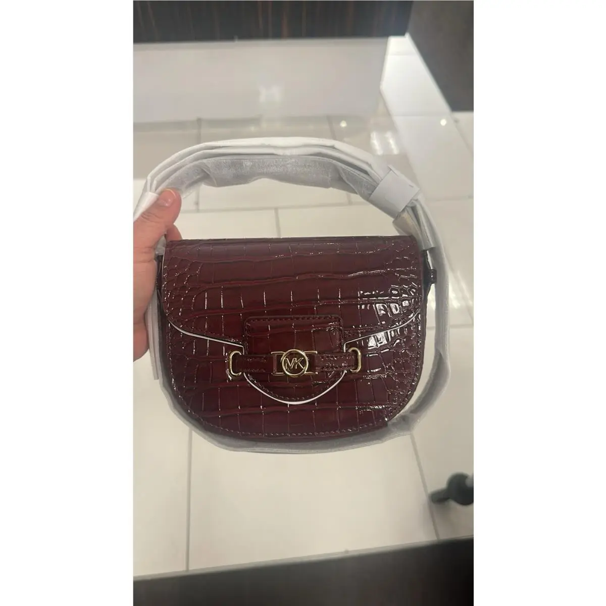 Reed Croc-embossed Design Small Saddle Crossbody Bag Oxblood by Michael Kors