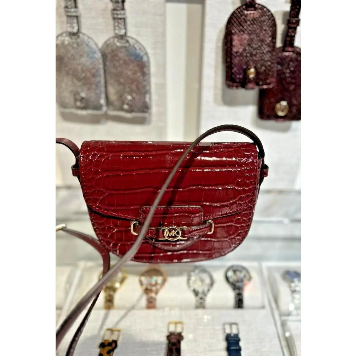 Michael Kors Reed Croc-embossed Design Small Saddle Crossbody Bag Oxblood