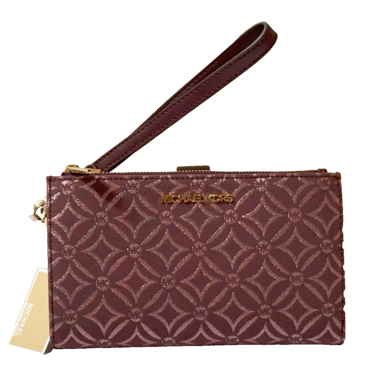 Michael Kors Jet Set Travel LG Double Zip Wallet Graphic Logo MK Oxblood Multi