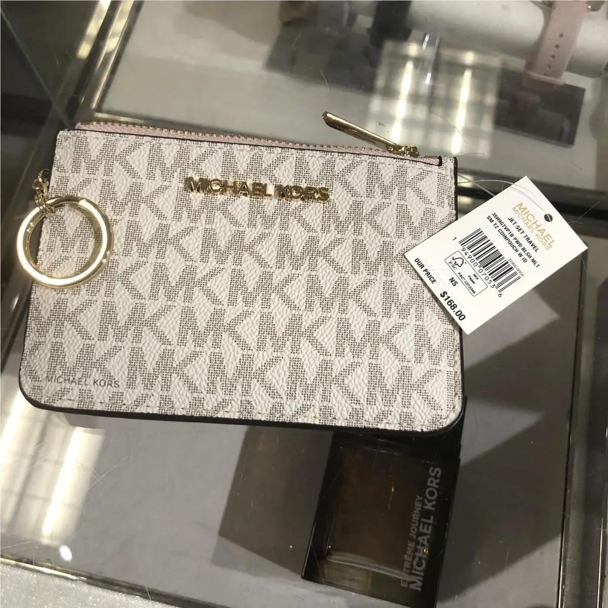 Michael Kors Small MK Signature Keychain Ring Coinpouch ID Holder Wallet Vanilla