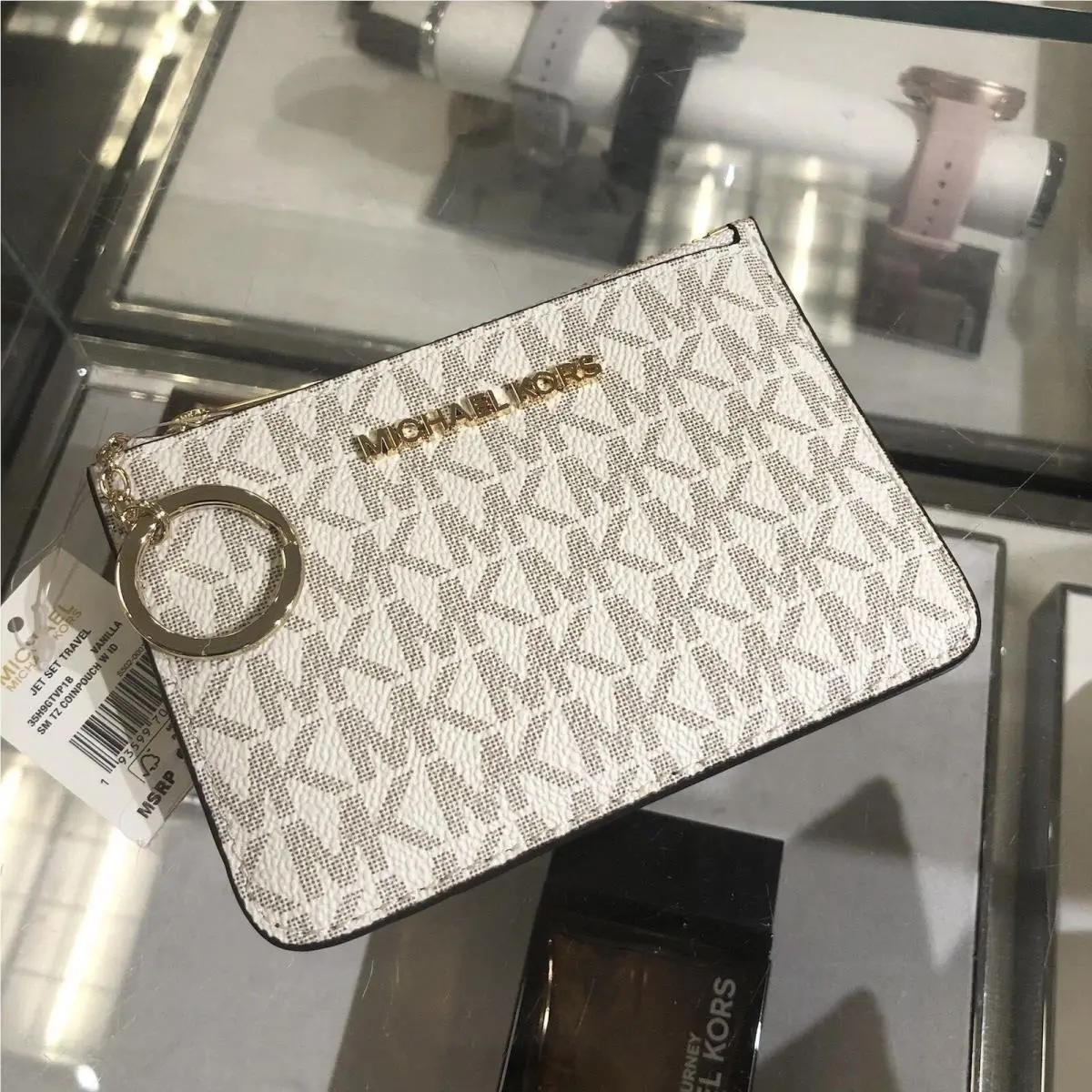 Michael Kors Small Women Coinpouch ID Holder Wallet Vanilla Keychain Ring Fob