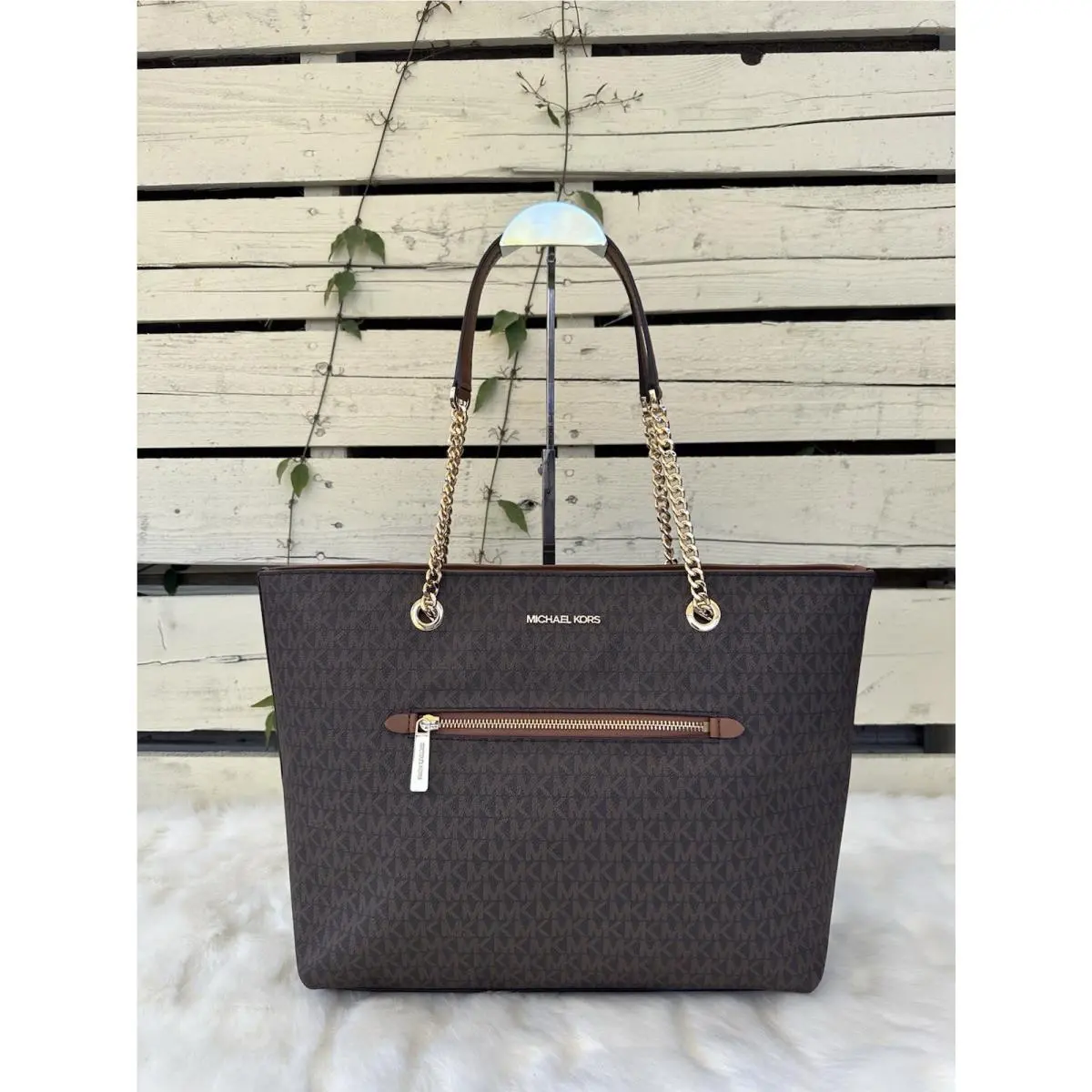 Jet Set Item Large Front Zip Chain Tote Brown by Michael Kors