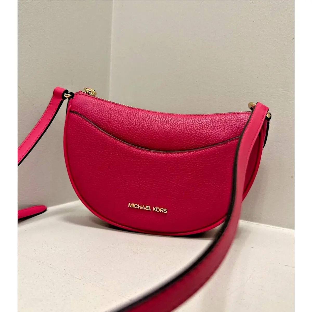 Dover Small Women Leather Half Moon Crossbody Bag in Electric Pink by Michael Kors