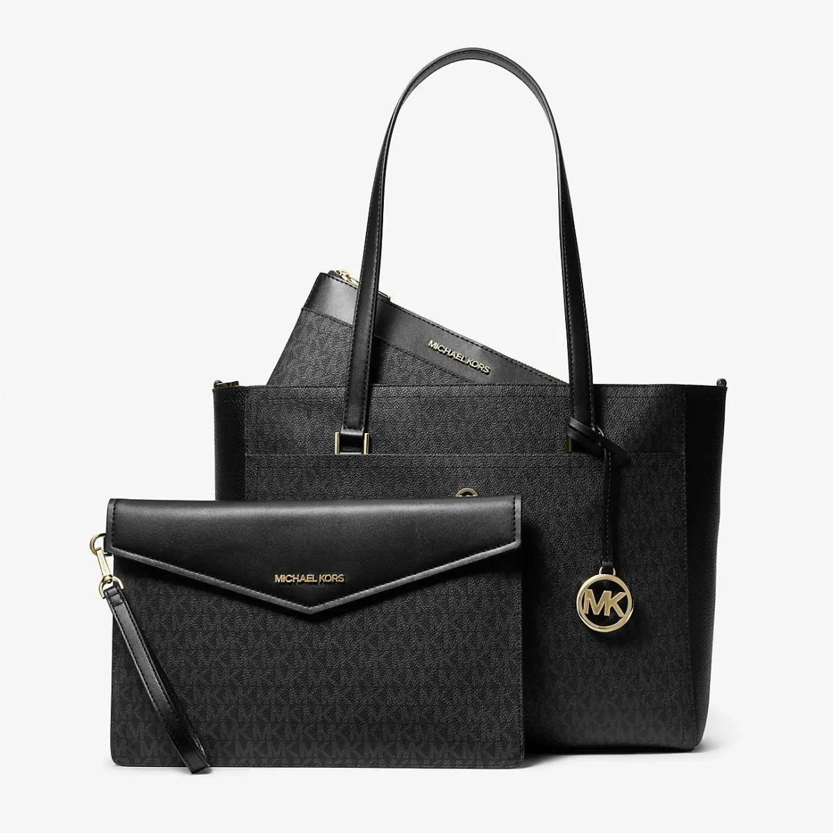 Latest Michael Kors Maisie Large 3 in 1 Black Logo Pvc Shoulder Purse Bag Tote