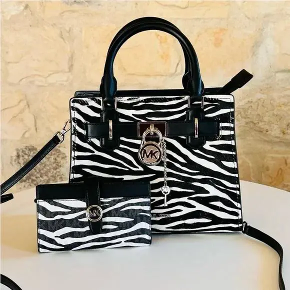Michael Kors Hamilton Small Zebra Print Satchel Bag + Medium Bifold Wallet Black
