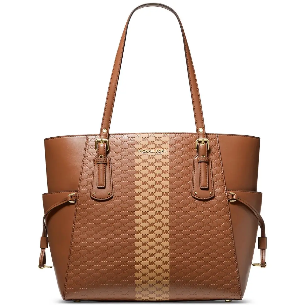 Michael Kors Voyager Camel Luggage MK Embossed Crossgrain Leather Medium EW Tote