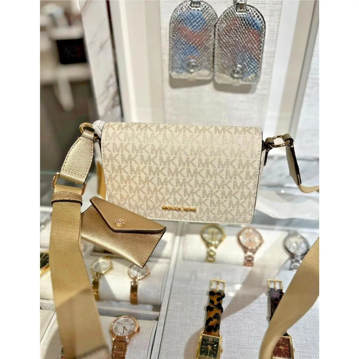 Michael Kors Vincent Small Logo Crossbody Bag w/ Cardholder Attached Pale Gold