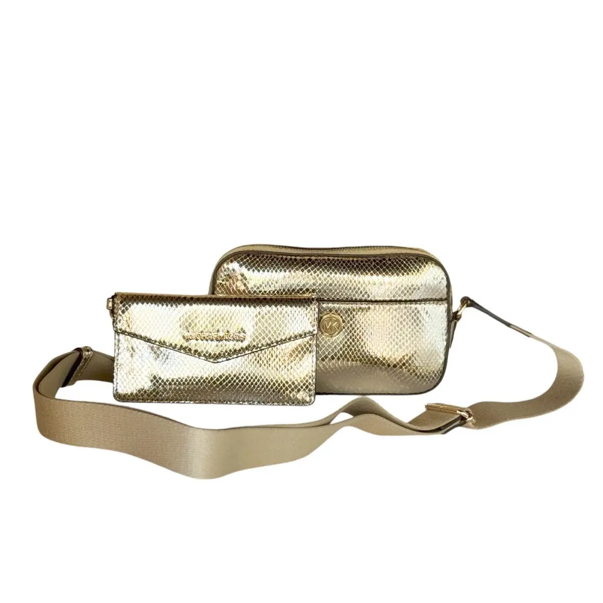 Michael Kors Maisie 2 IN 1 Small Camera Crossbody Bag Exotic Print Pale Gold