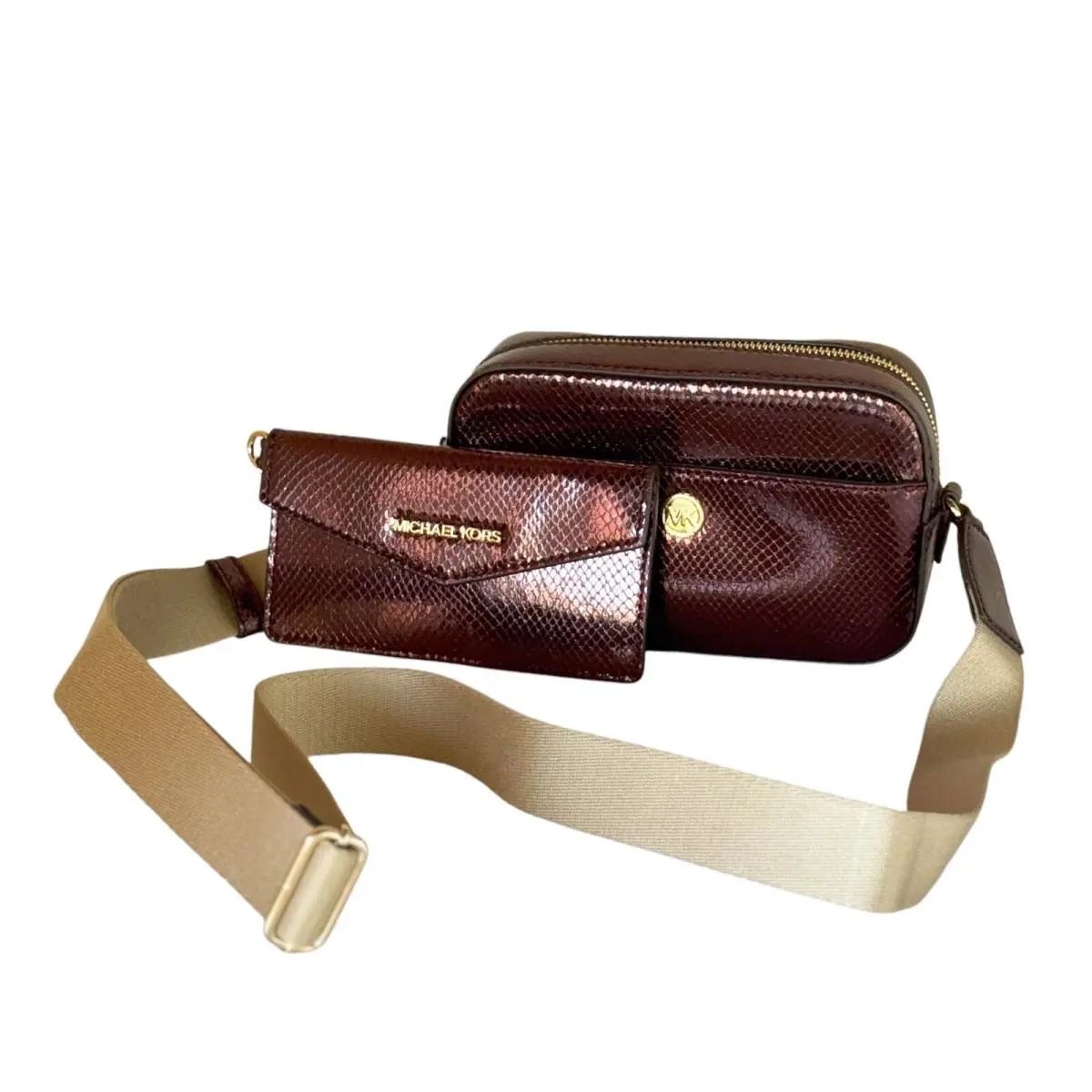 Michael Kors Maisie 2 IN 1 Small Camera Crossbody Bag Exotic Print Pale Gold