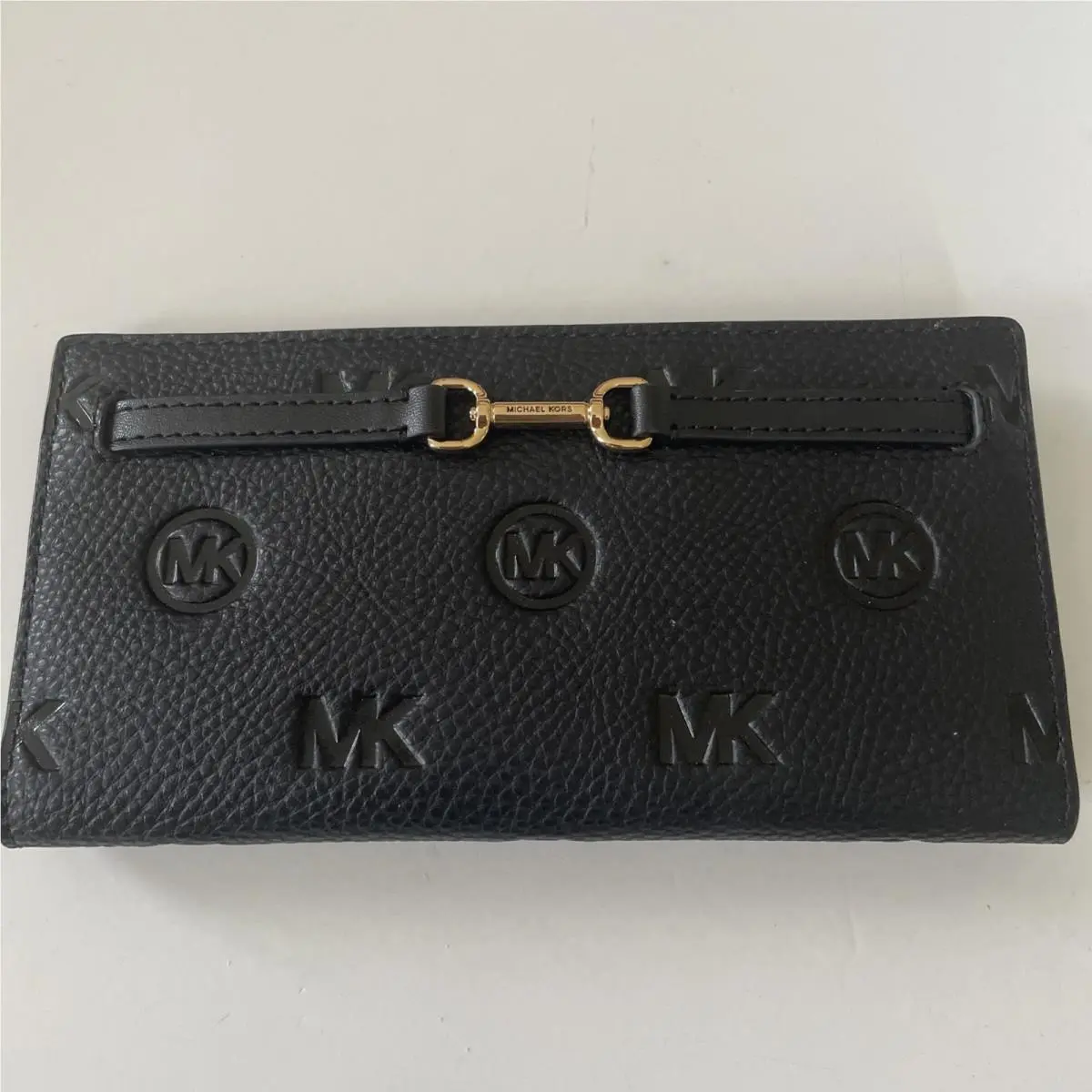 Michael Kors Jet Set Carson Large Flap Bifold Snap Wallet MK Embossed Black