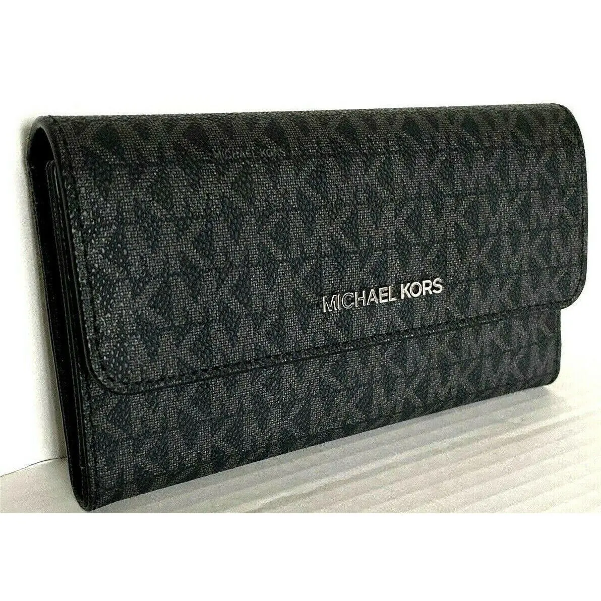 Michael Kors Large Trifold Black Signature Wallet Silver 35F8STVF3B
