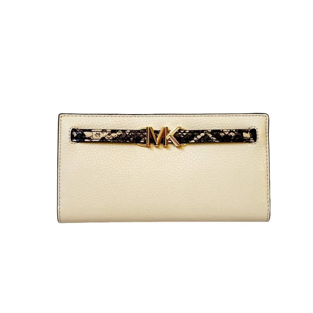 Michael Kors Jet Set Reed Large Flap Bifold Snap Leather Wallet Natural/cream