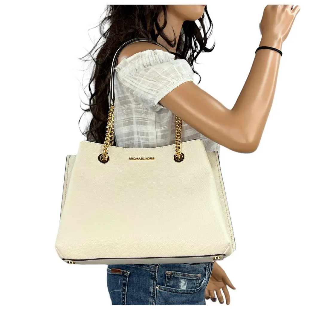 Michael Kors Teagen Large Chain Shoulder Tote Bag Handbag Light Cream