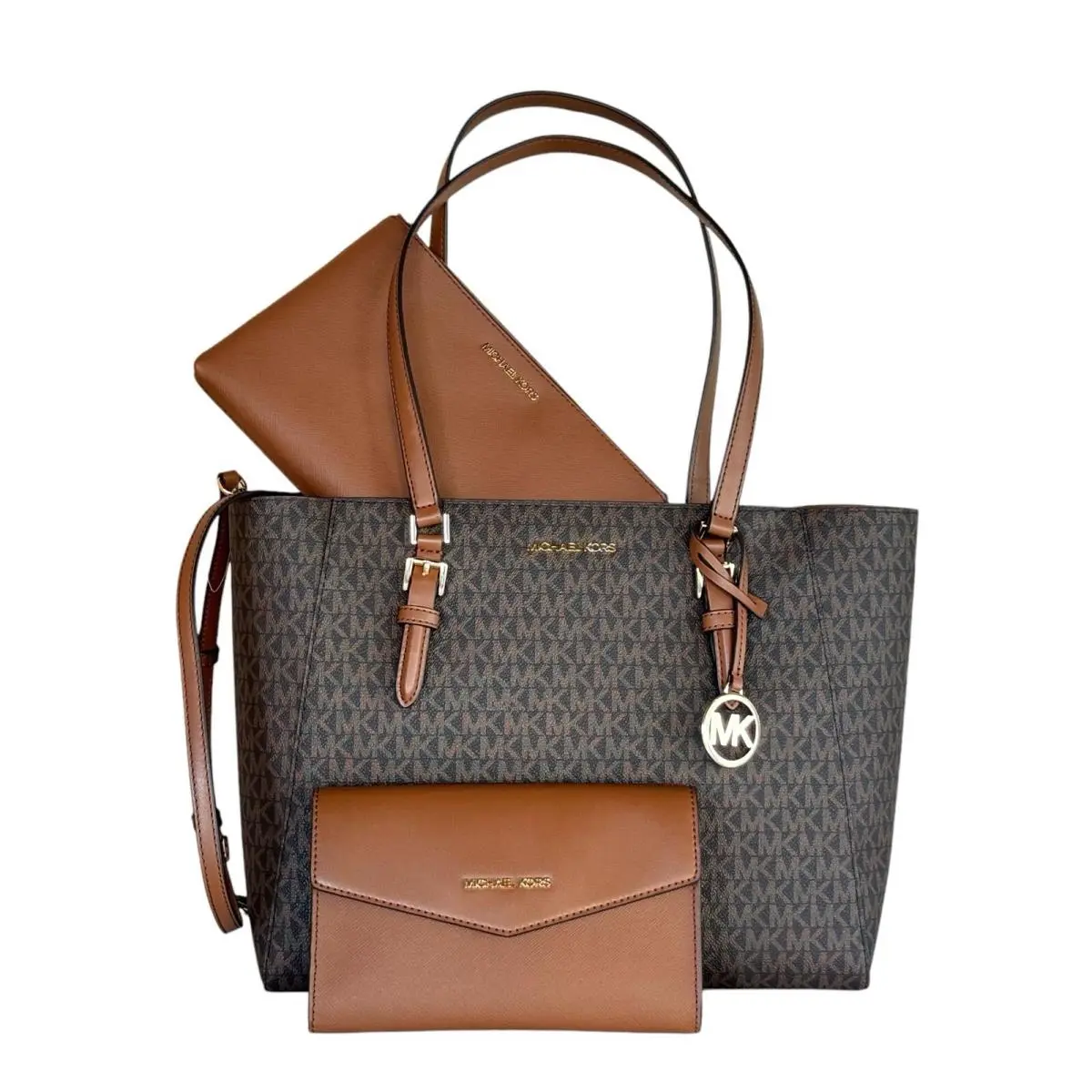 Michael Kors Charlotte Large 3 IN 1 Tote Shoulder Bag + Clutch MK Brown