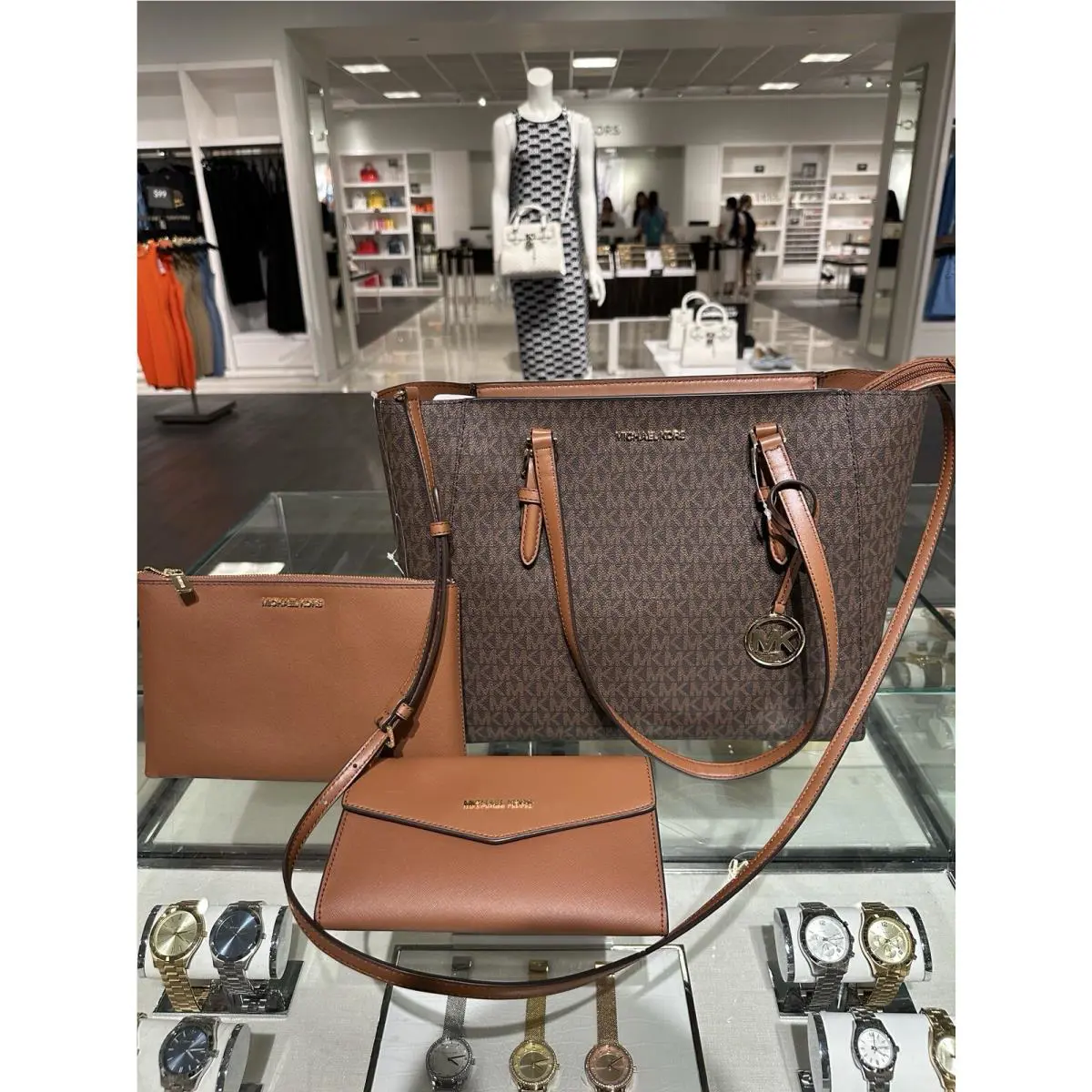 Michael Kors Charlotte Large 3 IN 1 Tote Shoulder Handbag Bag + Clutch MK Brown