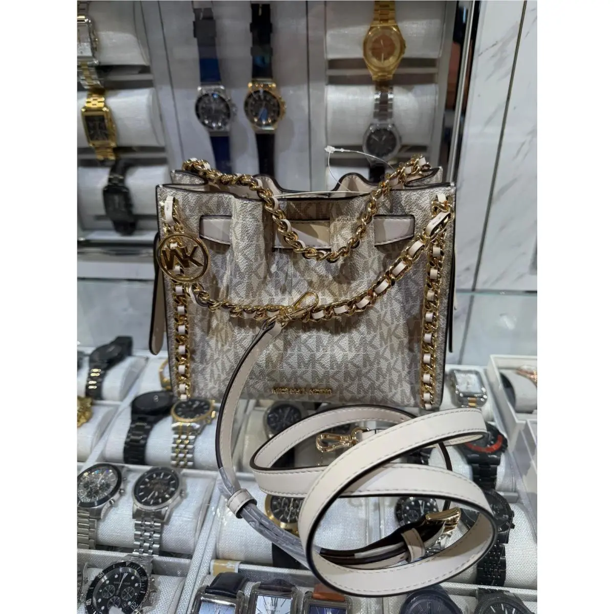 Michael Kors Mina Small Logo Belt Chain Crossbody Women MK Purse Bag Light Cream