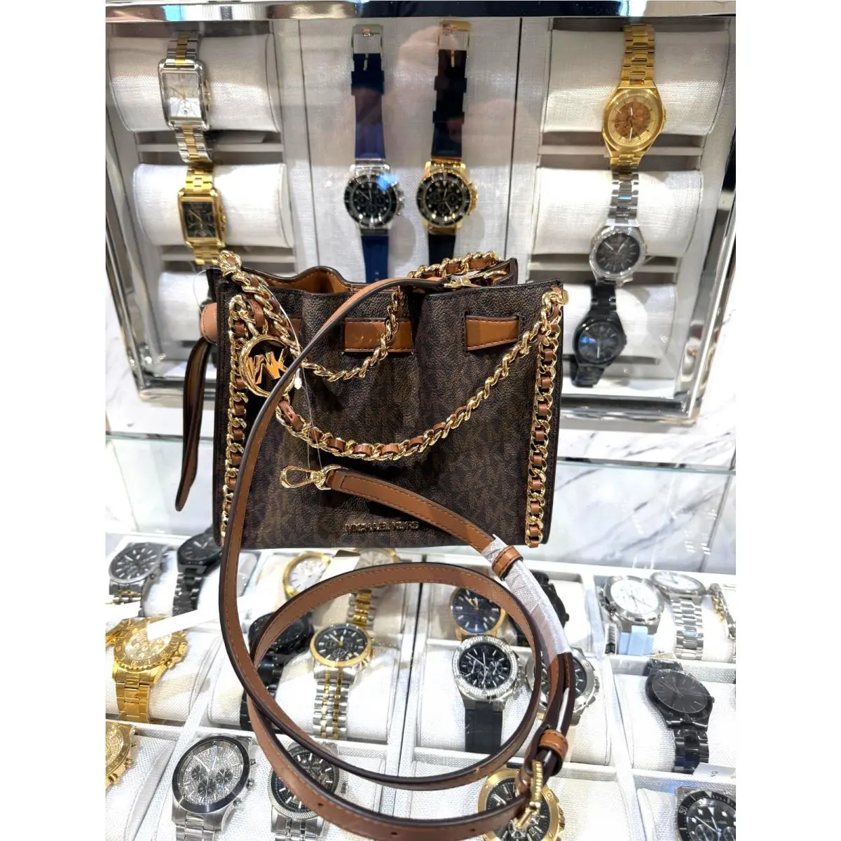 Mina Small Logo Belt Chain Crossbody Women MK Purse Bag Brown by Michael Kors