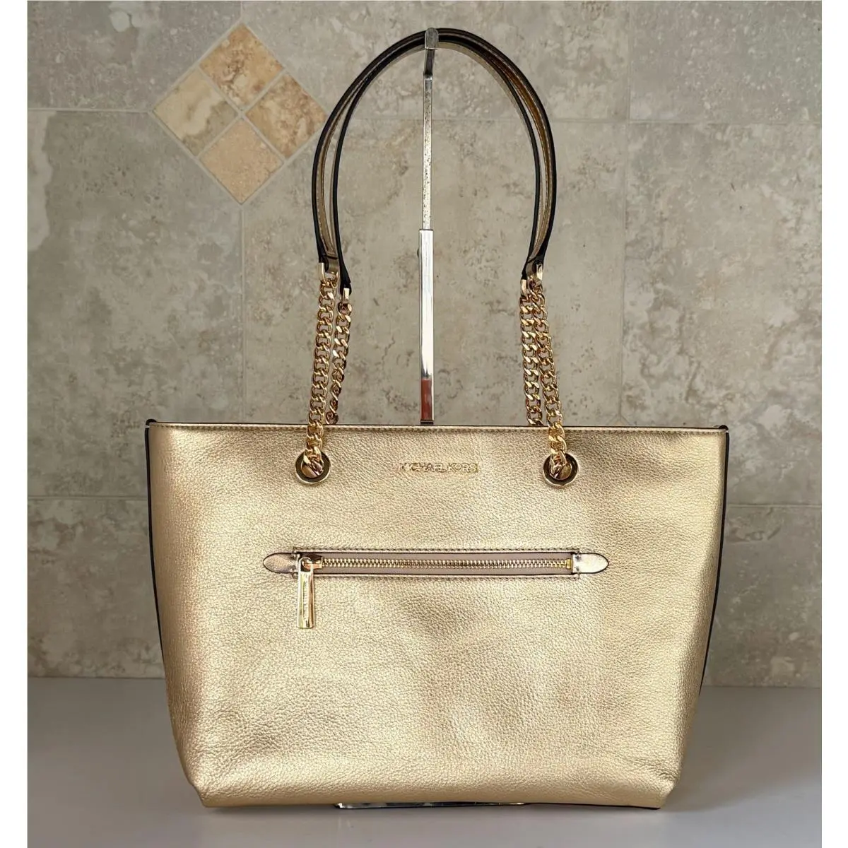 Michael Kors Jet Set Item MD Front Pocket Chain Tote Shoulder Bag Pale Gold