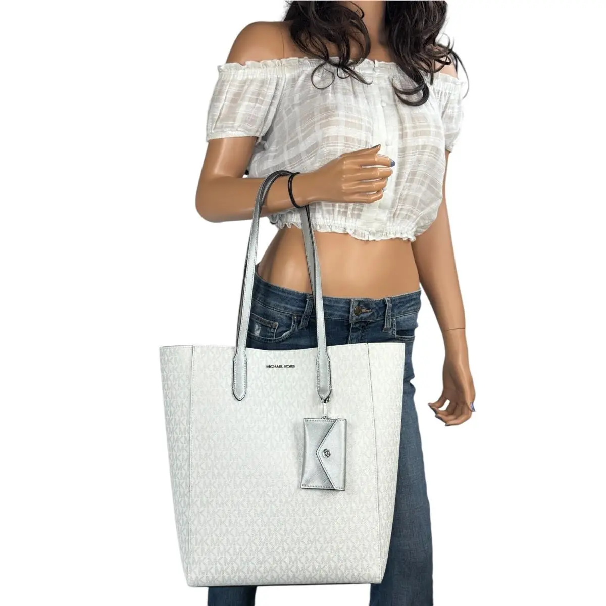 Michael Kors Vincent Large Shoulder Tote Bag with Card Wallet MK Silver