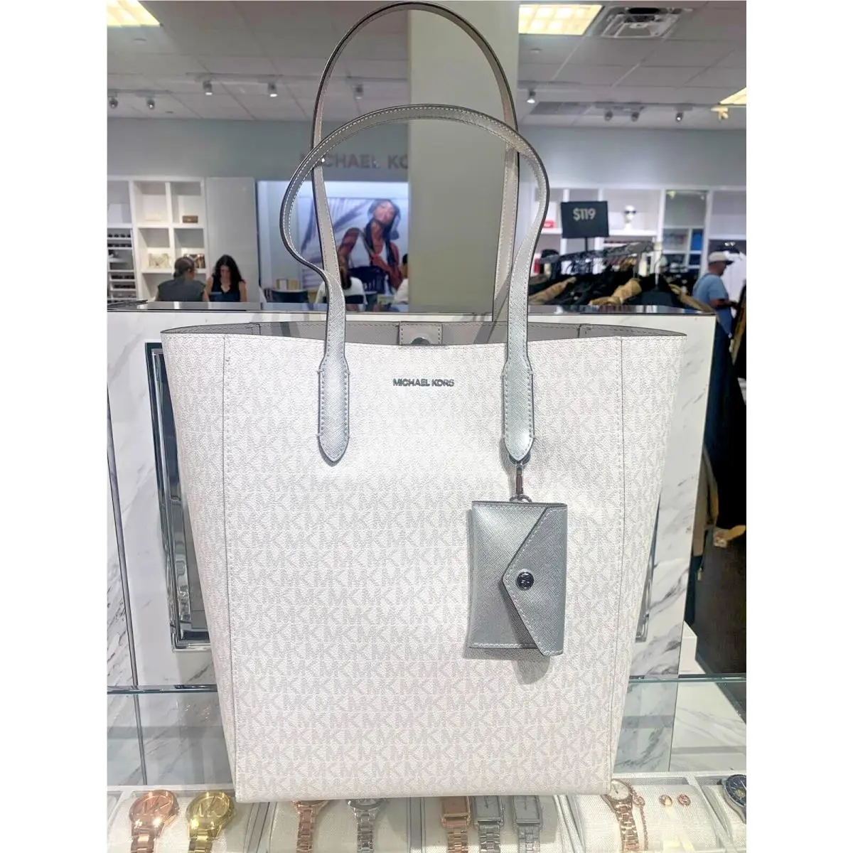 Vincent Large Shoulder Tote Bag with Card Wallet MK Silver by Michael Kors