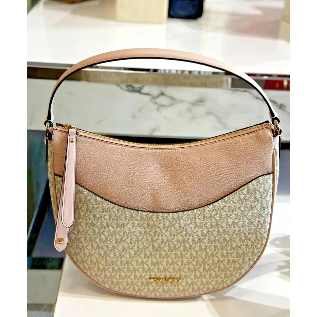 Michael Kors Dover Large Half Moon Shoulder Bag Purse Handbag Powder Blush Multi