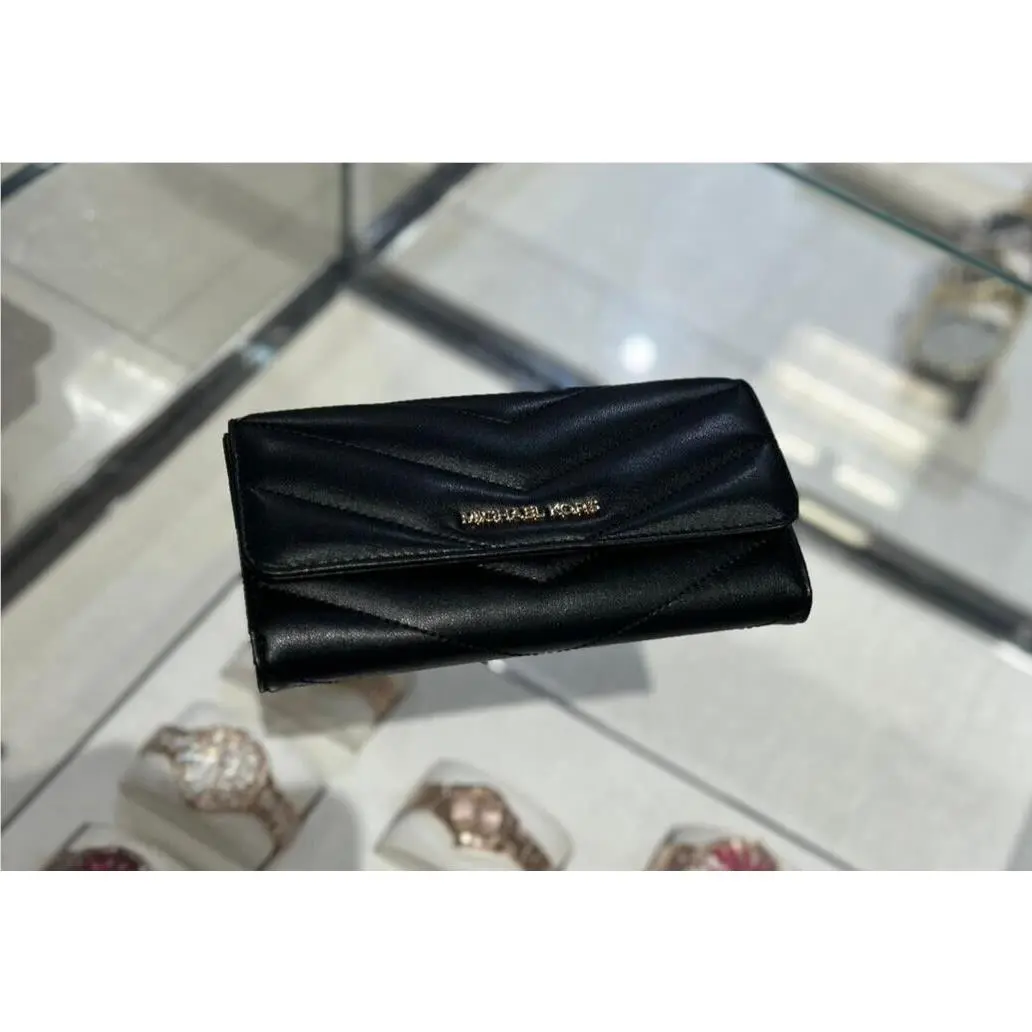 Michael Kors Jet Set Travel Large Gold Tone Trifold Credit Card Wallet Black