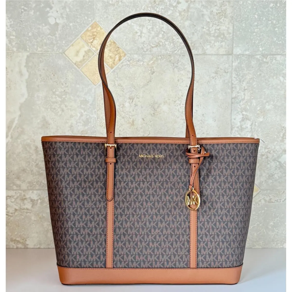 Michael Kors Jet Set Travel Large Top Zip Shoulder Tote Bag MK Brown