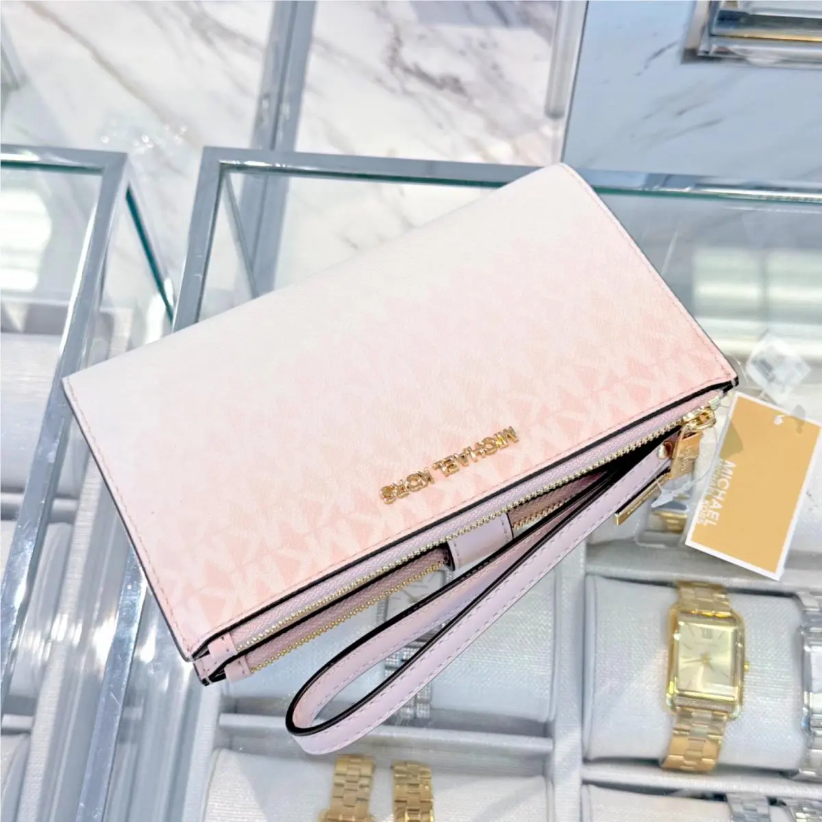 Michael Kors Jet Set Travel Double Zip Wristlet Wallet MK Logo Powder Blush
