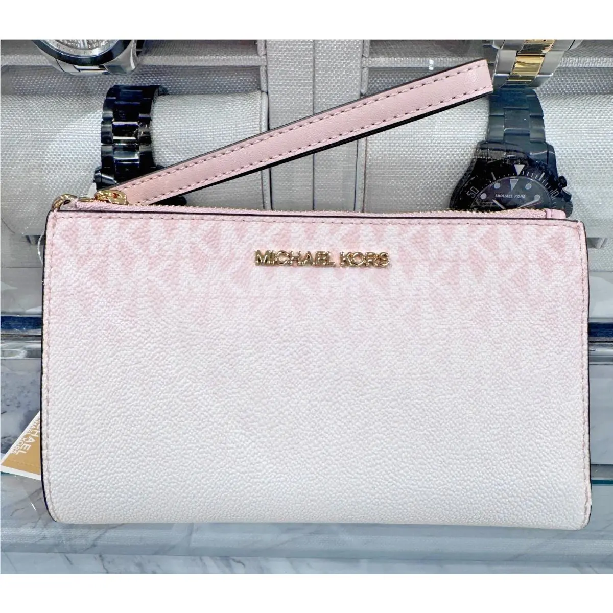 Michael Kors Jet Set Travel Double Zip Wristlet Wallet MK Logo Pink Powder Blush