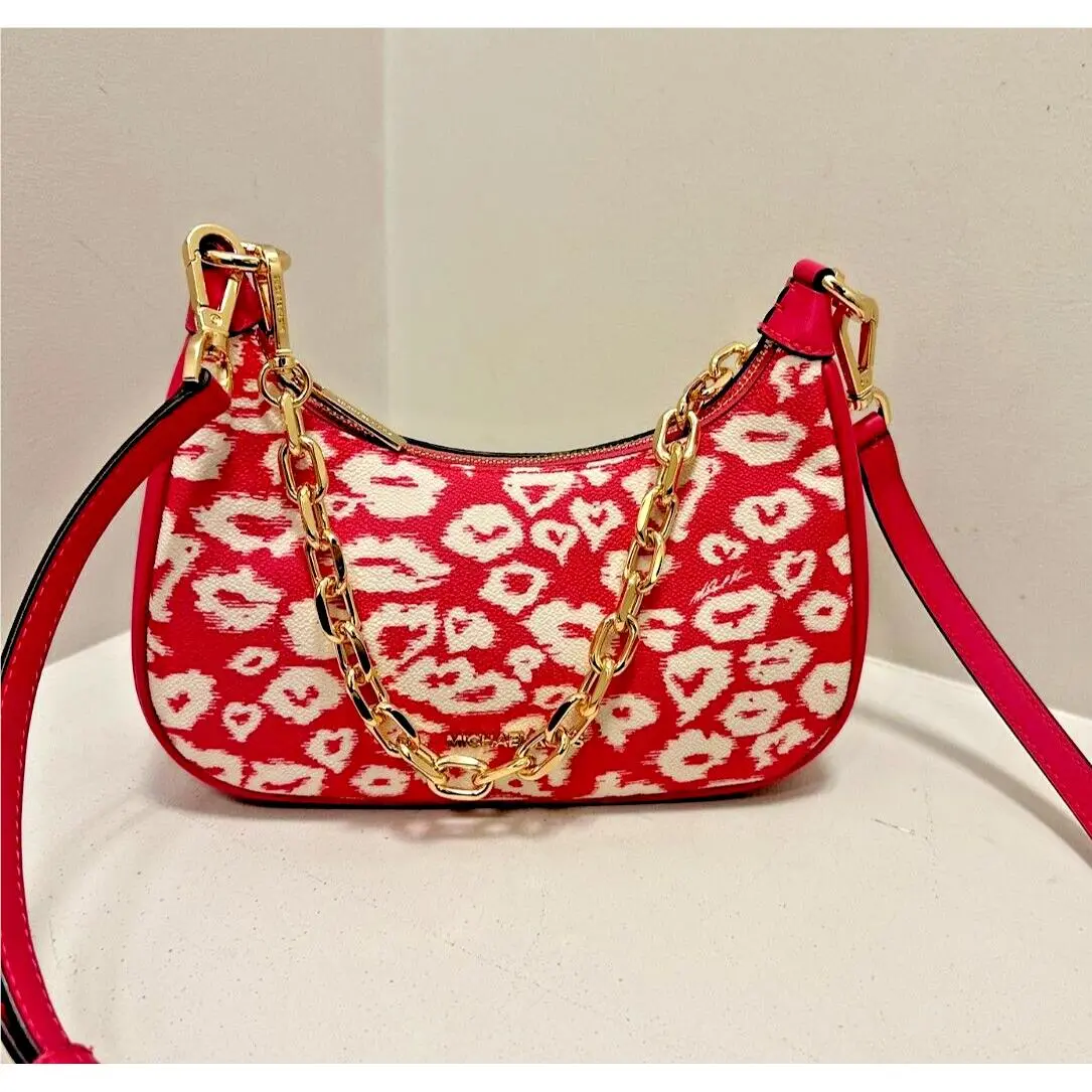 Michael Kors Cora Medium Zip Pouchette Chain Crossbody Shoulderbag Electric Pink