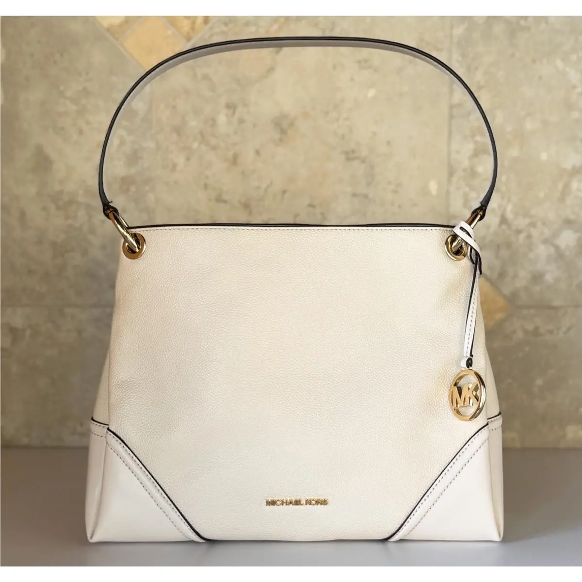 Michael Kors Nicole Medium Shoulder Pebbled/smooth Leather Bag Light Cream