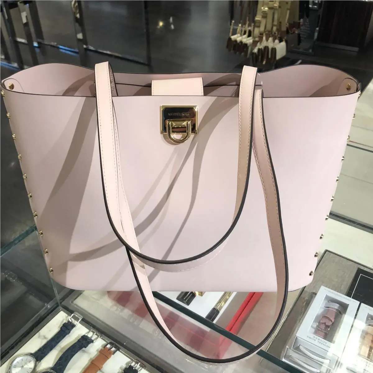 Manhattan Large Tote Smooth Leather Shoulder Bag Powder Blush by Michael Kors