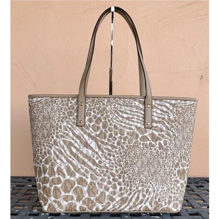 Michael Kors Carter Large Shoulder Open Tote Bag MK Zebra Print Camel Multi