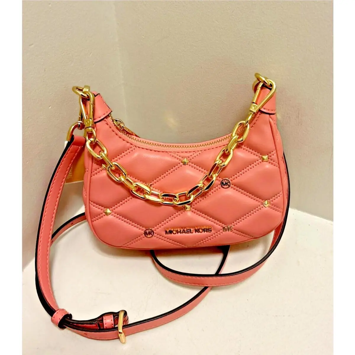 Michael Kors Cora Mini Zip Pouchette Quilted Shoulder Crossbody Bag in Primrose