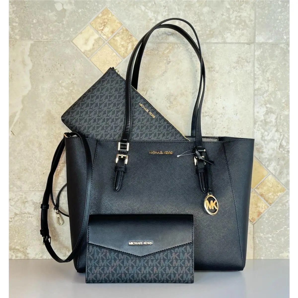 Michael Kors Charlotte LG 3 in 1 Tote Shoulder Crossbody Bag + Clutch Black