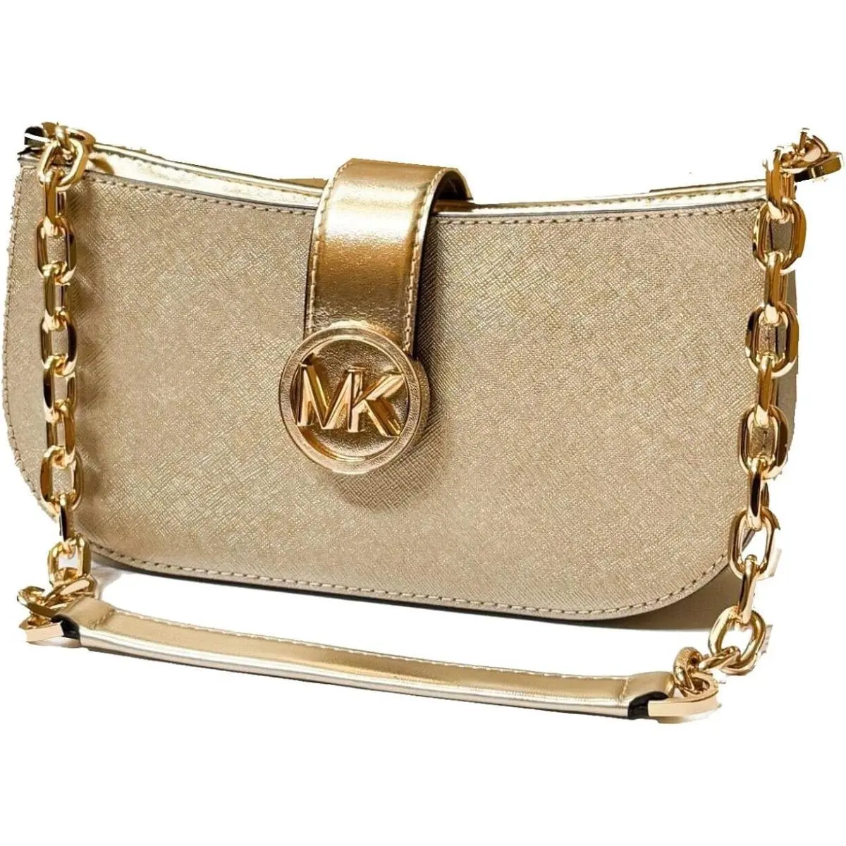 Michael Kors Carmen Small Pouchette Shoulder Chain Bag Purse- Pale Gold