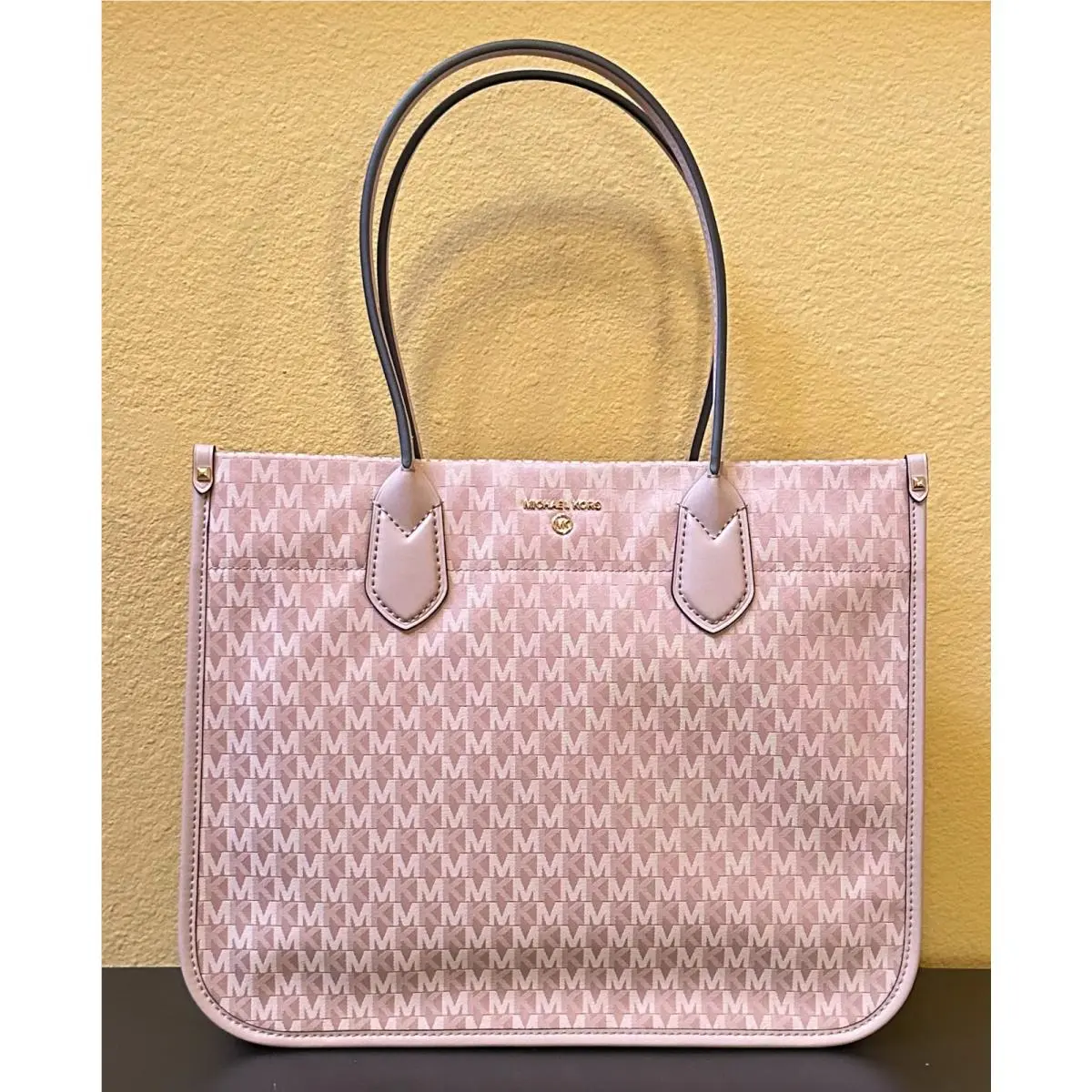 Heidi Large Satin Fabric Shoulder Tote Bag MK Signature Fawn by Michael Kors