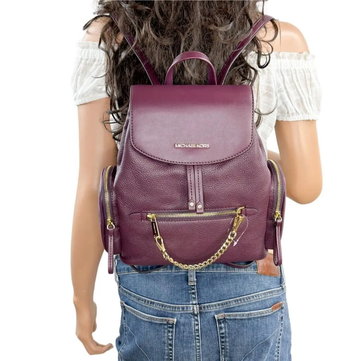 Michael Kors Jet Set Item Medium Chain Pebbled Leather Backpack Bordeaux