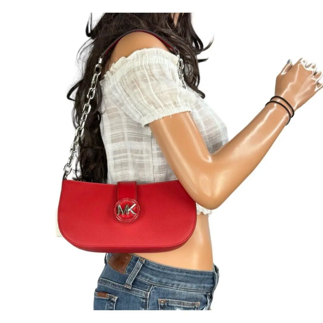 Michael Kors Carmen Small Pouchette Shoulder Chain Bag Bright Red