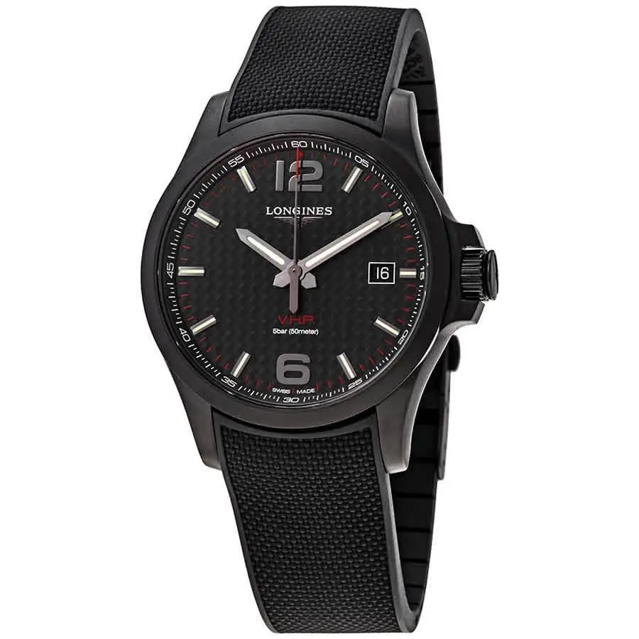 Longines Conquest V.h.p. Perpetual Quartz Black Carbon Dial Men`s Watch