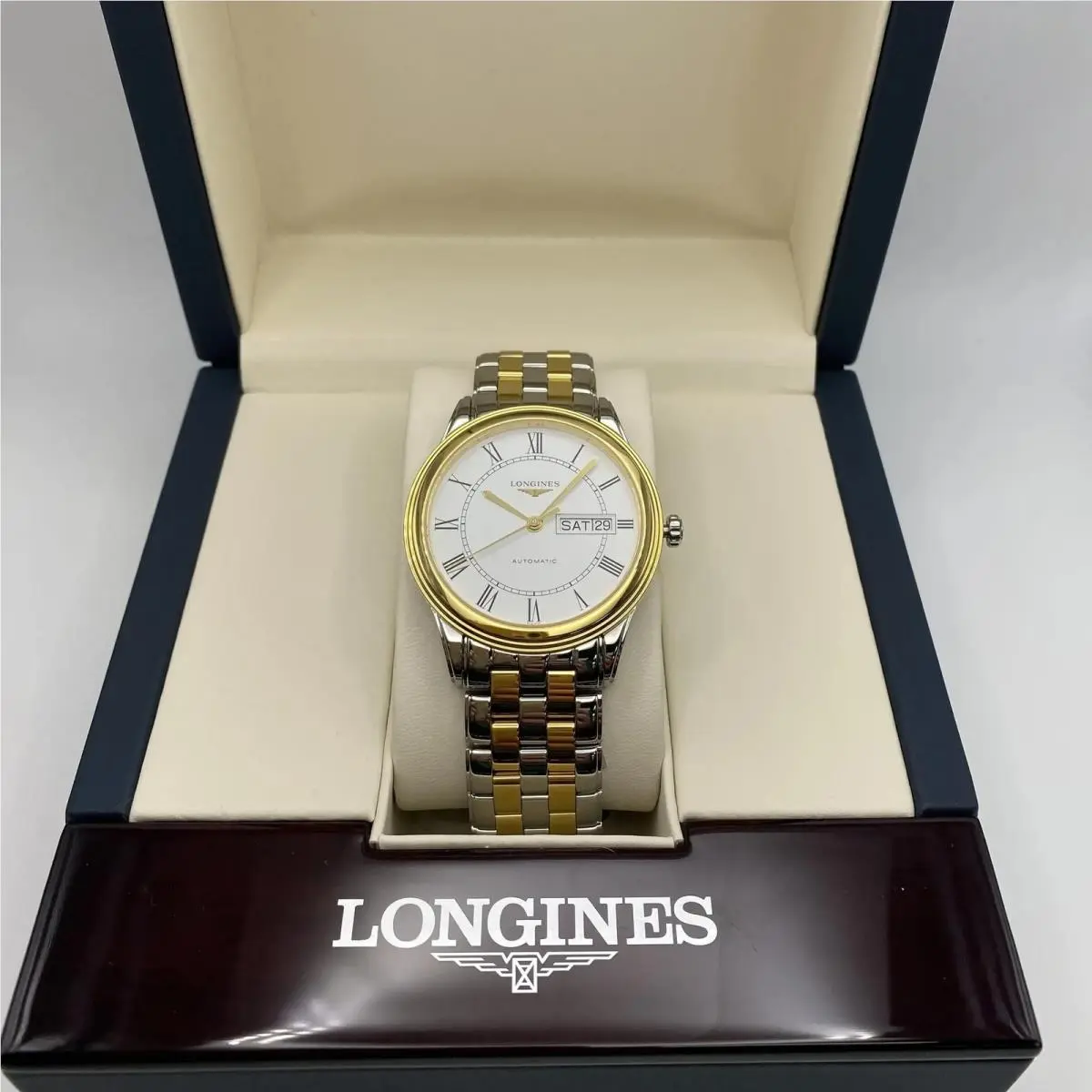 Longines Flagship 38.5mm Day-date Steel White Dial Automatic Watch L4.899.3.21.7 - Dial: White, Band: Silver, Gold, Bezel: Gold