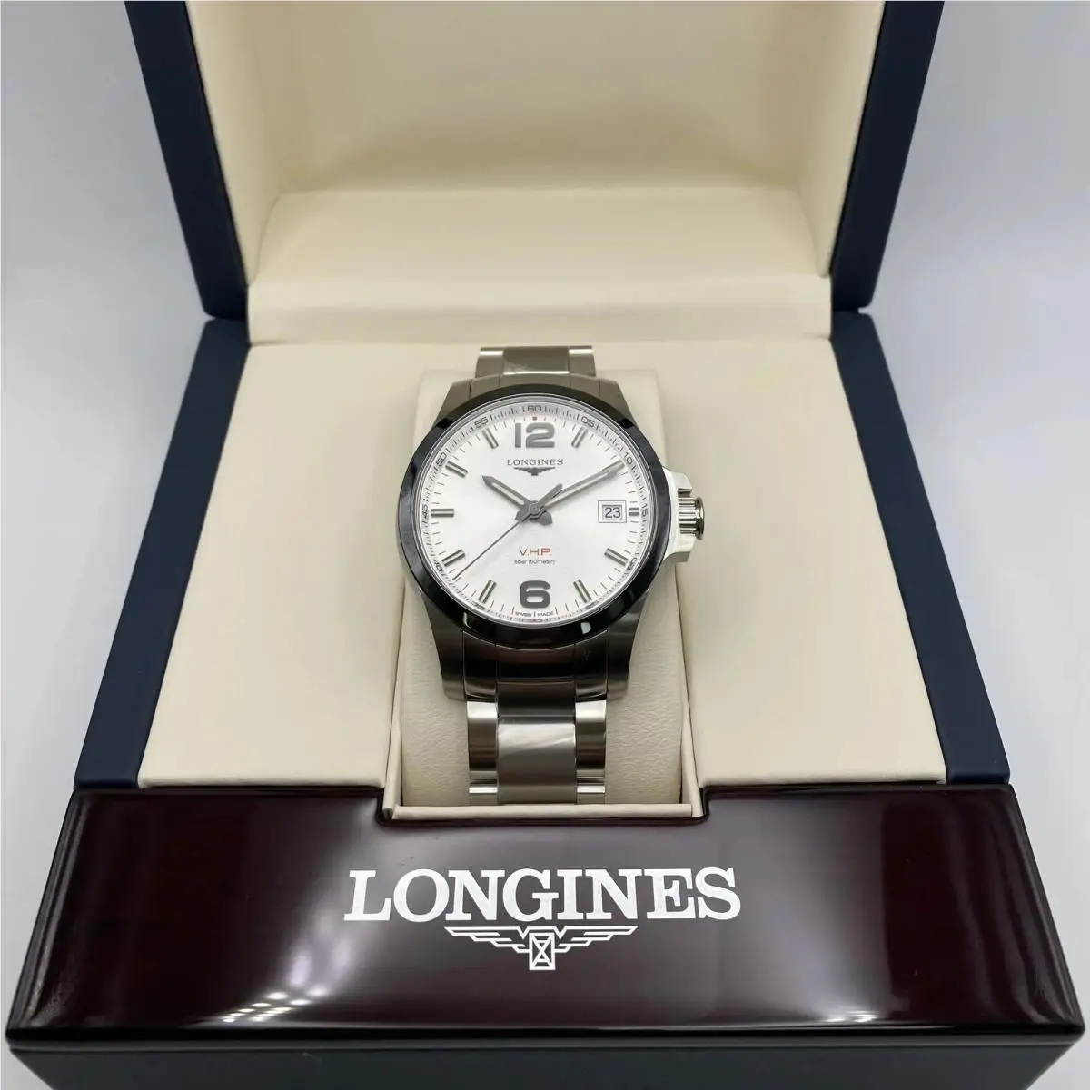 Longines Conquest V.h.p. 41mm Steel Ceramic Silver Dial Mens Watch L3.719.4.76.6