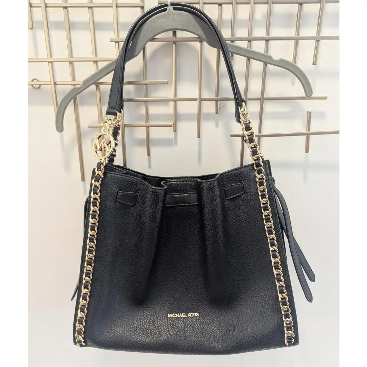 Michael Kors Mina Black Leather Chain Shoulder Bag Satchel Structured Classic