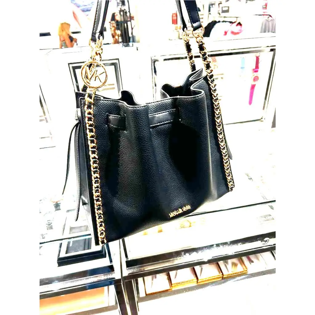 Michael Kors Women Mk Mina Women Large Purse Tote Chain Shoulder Handbag Black