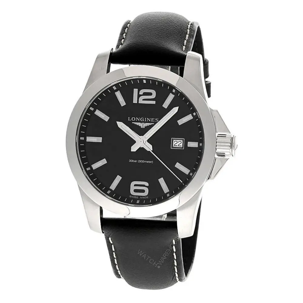 Longines Conquest 43mm Quartz SS Black Leather Band Men`s Watch L3.760.4.56.3